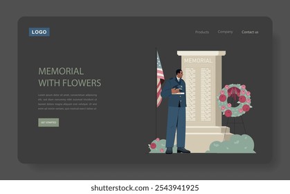 Salute to the Veteran concept. A uniformed soldier paying homage at a memorial adorned with a wreath. Respect and remembrance theme. Vector illustration.