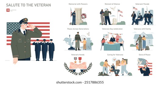 Salute to the Veteran set. Illustrations depicting diverse acts of honor and appreciation for military veterans. Respectful tributes, family unity, and commemorative events. Vector illustration.