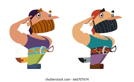 Saluting bearded pirate with a cutlass. Flat style vector illustration.