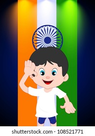 Saluting a cartoon boy with Indian Flag background. EPS 10.