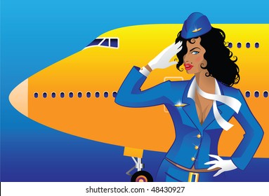 Saluting flight attendant