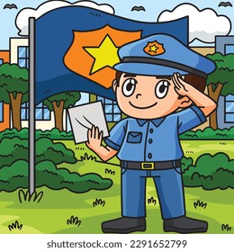 Saluting Police Officer Colored Cartoon 