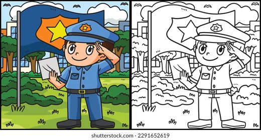 Saluting Police Officer Coloring Page Illustration