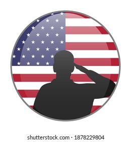 Saluting silhouette on American flag round icon. Veterans day or memorial day proud patriot concept. Vector illustration.