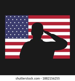 Saluting silhouette on American flag icon. Veterans day or memorial day proud patriot concept. Vector illustration.