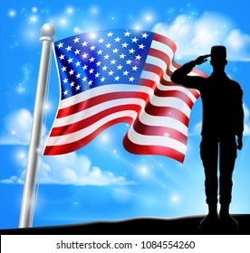 Saluting soldier with a patriotic American flag red, white and blue background graphic design 