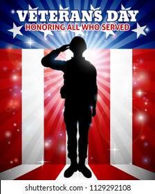 Saluting soldier with a patriotic Veterans Day American flag red, white and blue background 