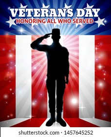 Saluting soldier with a patriotic Veterans Day American flag red, white and blue background graphic design 