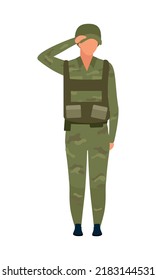 Saluting soldier semi flat color vector character. Army. Posing figure. Full body person on white. Serviceman simple cartoon style illustration for web graphic design and animation