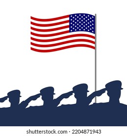 Saluting soldier silhouette with American flag