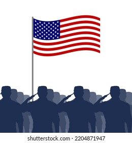 Saluting soldier silhouette with American flag