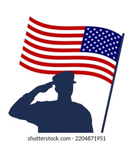 Saluting soldier silhouette with American flag