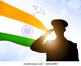 Saluting Soldier Silhouette On Indian Flag Waving Background. EPS 10.