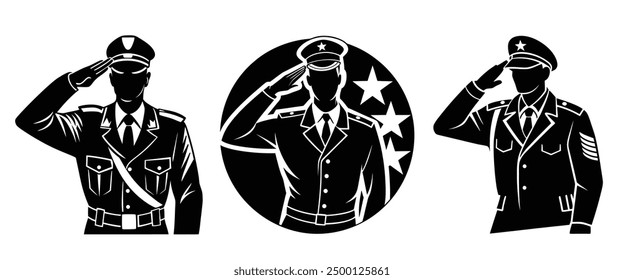 Saluting Soldier silhouette vector art illustrations on a white background