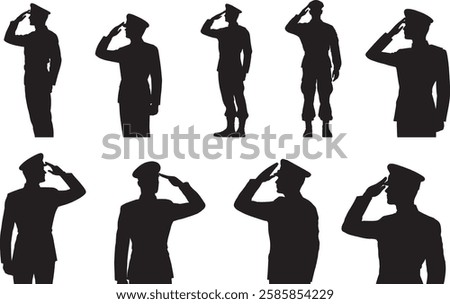 Saluting Soldier Silhouette Vector Set on White Background