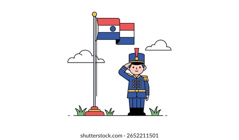A Saluting Soldier Stands Proudly Before the Paraguayan Flag on a Sunny Day with Clouds Floating By