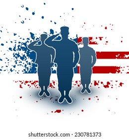 Saluting soldiers silhouette on american flag background