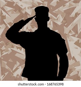 Saluting soldier's silhouette on a desert army camouflage background vector