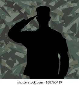 Saluting soldier's silhouette on a green army camouflage background vector