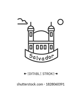 Icono de la línea de la ciudad de Salvador. Basílica de la Catedral de Salvador. Bahía, Brasil. Centro de viajes, punto de referencia. Festival brasileño de carnaval en Salvador. Ilustración vectorial aislada. Trazo editable 