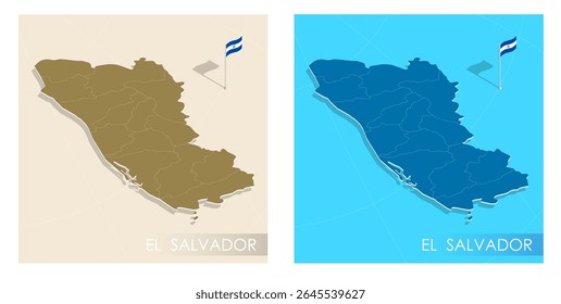 Salvador country flag installed on geographic positioning map point of country territory. Salvador commonwealth banner on land and sea. Festive patriotic HD format template for independence day