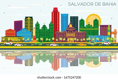 Salvador de Bahia Brazil City Skyline with Color Buildings, Blue Sky and Reflections. Vector Illustration. Travel and Tourism Concept with Historic Architecture. Salvador de Bahia Cityscape.