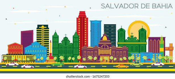 Salvador de Bahia Brazil City Skyline with Color Buildings and Blue Sky. Vector Illustration. Business Travel and Tourism Concept with Historic Architecture. Salvador de Bahia Cityscape with Landmarks