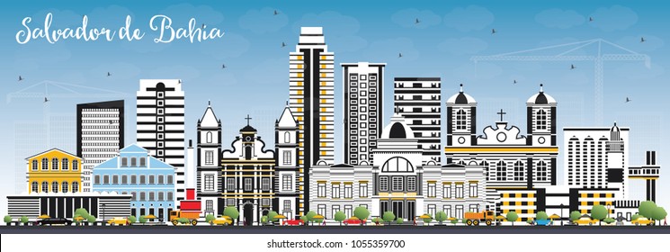 Salvador de Bahia City Skyline with Color Buildings and Blue Sky. Vector Illustration. Business Travel and Tourism Concept with Historic Architecture. Salvador de Bahia Cityscape with Landmarks.