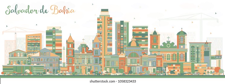 Salvador de Bahia City Skyline with Color Buildings. Vector Illustration. Business Travel and Tourism Concept with Historic Architecture. Salvador de Bahia Cityscape with Landmarks.