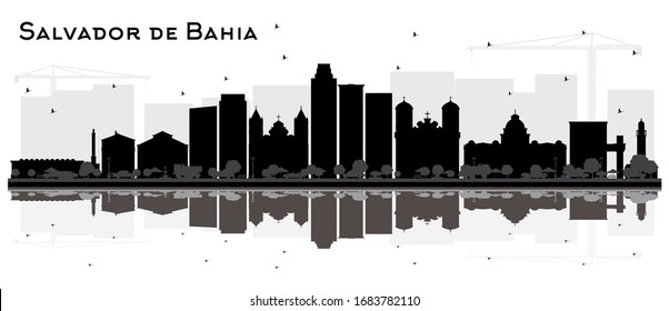 Salvador de Bahia City Skyline Silhouette with Black Buildings and Reflections Isolated on White. Vector Illustration. Travel and Tourism Concept with Historic Architecture. 