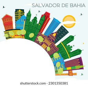 Esquina de la ciudad de Salvador de Bahía con edificios de color, cielo azul y espacio fotográfico. Ilustración vectorial. Concepto de Viajes y Turismo con Arquitectura Histórica. El paisaje de Salvador de Bahía con monumentos.