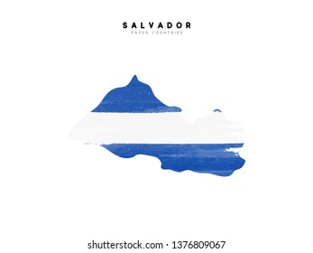 Salvador detailed map with flag of country. Painted in watercolor paint colors in the national flag.