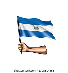 Salvador flag and hand on white background. Vector illustration