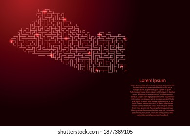 Salvador map from red pattern of the maze grid and glowing space stars grid. Vector illustration.