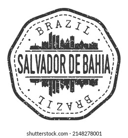 Salvador, Estado de Bahía, marca postal de la marca Brasil Stamp. Pasaporte postal de Silhouette. Icono de vector de redondeo de ciudad. Diseño de rehenes vintage.