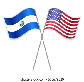 Salvadoran and American crossed flags. El Salvador combined with United States of America isolated on white. Language learning, international business or travel concept.