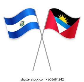 Salvadoran and Antiguan crossed flags. El Salvador combined with Antigua and Barbuda isolated on white. Language learning, international business or travel concept.