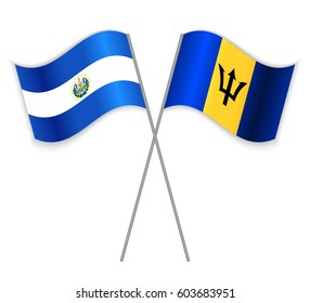 Salvadoran and Barbadian crossed flags. El Salvador combined with Barbados isolated on white. Language learning, international business or travel concept.