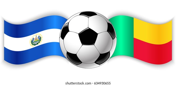 Salvadoran and Beninese wavy flags with football ball. El Salvador combined with Benin isolated on white. Football match or international sport competition concept.