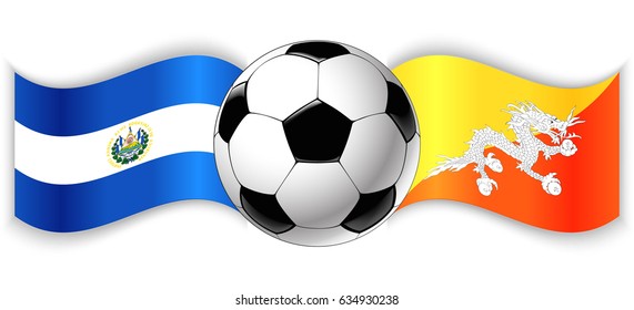 Salvadoran and Bhutanese wavy flags with football ball. El Salvador combined with Bhutan isolated on white. Football match or international sport competition concept.