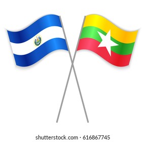 Salvadoran and Burmese crossed flags. El Salvador combined with Burma isolated on white. Language learning, international business or travel concept.