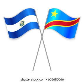 Salvadoran and Congolese crossed flags. El Salvador combined with Democratic Republic of the Congo isolated on white. Language learning, international business or travel concept.