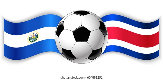 Salvadoran and Costa Rican wavy flags with football ball. El Salvador combined with Costa Rica isolated on white. Football match or international sport competition concept.