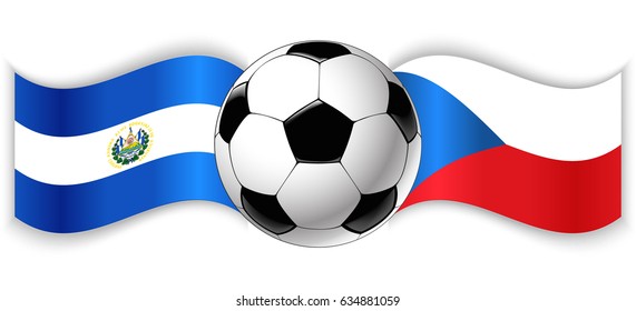 Salvadoran and Czech wavy flags with football ball. El Salvador combined with Czech Republic isolated on white. Football match or international sport competition concept.