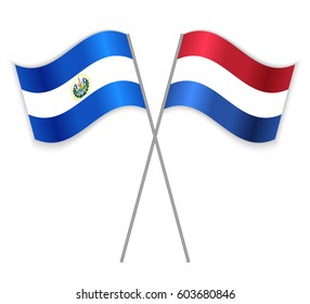 Salvadoran and Dutch crossed flags. El Salvador combined with Netherlands isolated on white. Language learning, international business or travel concept.