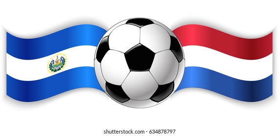 Salvadoran and Dutch wavy flags with football ball. El Salvador combined with Netherlands isolated on white. Football match or international sport competition concept.