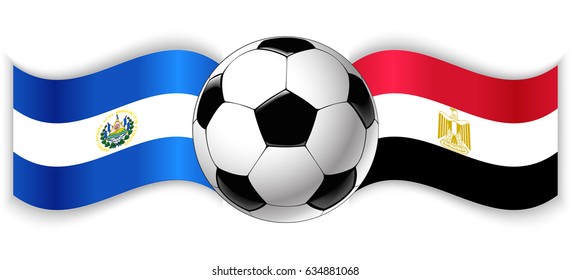 Salvadoran and Egyptian wavy flags with football ball. El Salvador combined with Egypt isolated on white. Football match or international sport competition concept.