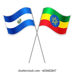 Salvadoran and Ethiopian crossed flags. El Salvador combined with Ethiopia isolated on white. Language learning, international business or travel concept.