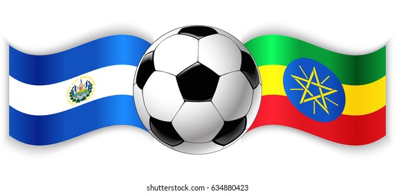 Salvadoran and Ethiopian wavy flags with football ball. El Salvador combined with Ethiopia isolated on white. Football match or international sport competition concept.