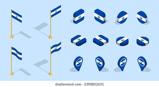 Salvadoran flag (Republic of El Salvador). 3D isometric flag set icon. Editable vector for banner, poster, presentation, infographic, website, apps, maps, and other uses.